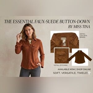Miss Tina Faux-Suede Button-Front Shirt - Brown